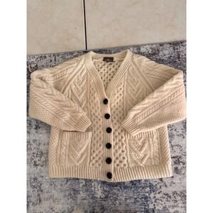 Aran Woollen Mills Merino Wool Women's Cream Cleggan Cardigan L Cableknit Wow